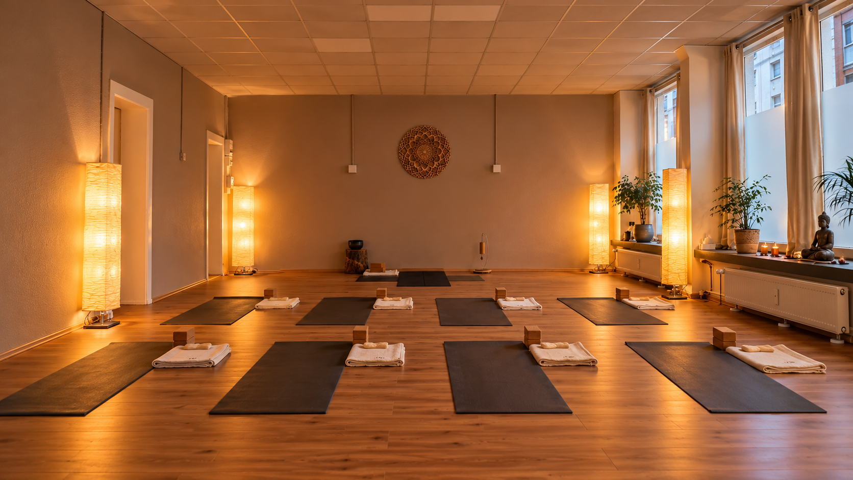 Vorbereiteter Yogaraum im Studio Wunderwerk Mensch in Duisburg